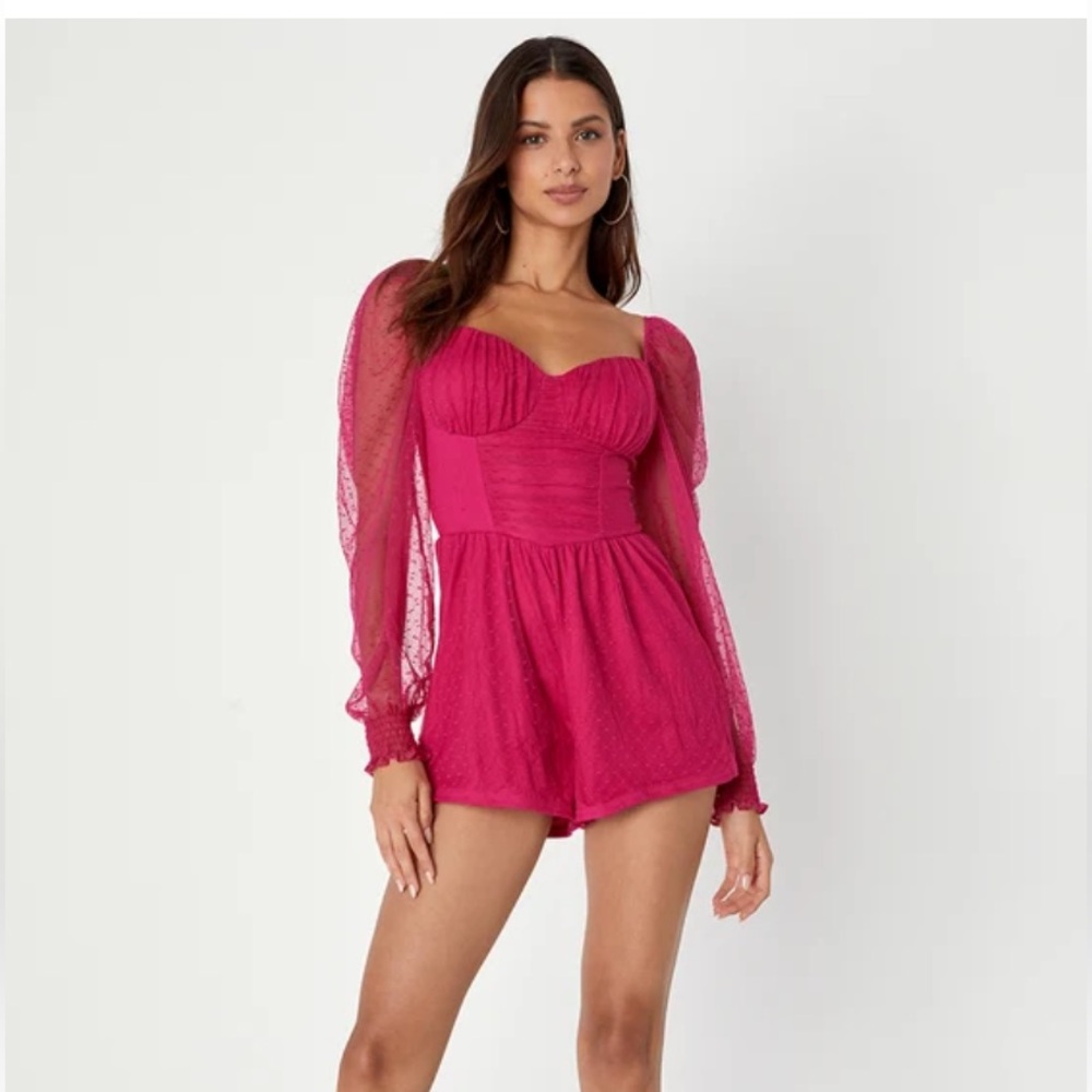NWT, Lulus/ Flirty Fashionista Magenta Mesh Bustier Long Sleeve
Romper, M